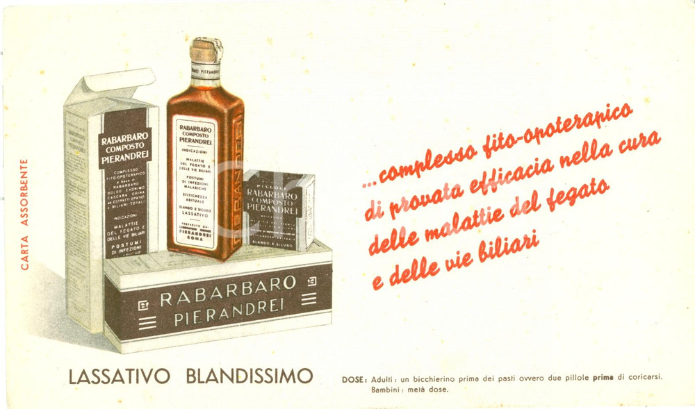 Materiale pubblicitario d’epoca 1950 ROMA Lassativo rabarbaro Laboratori PIERANDREI Carta assorbente Farmacia 1