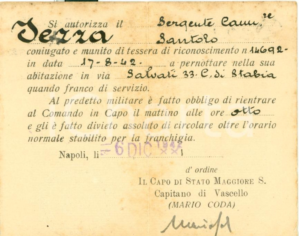 Oggetto da collezione cartaceo 1942 CASTELLAMMARE DI STABIA NA Tessera pernotto sergente Santoro IEZZA 1