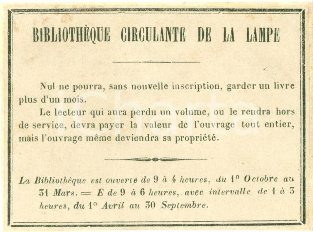 Oggetto da collezione cartaceo 1880 ca FRANCIA Avvisi BibliothÃ¨que Circulante DE LA LAMPE Regole orari 1