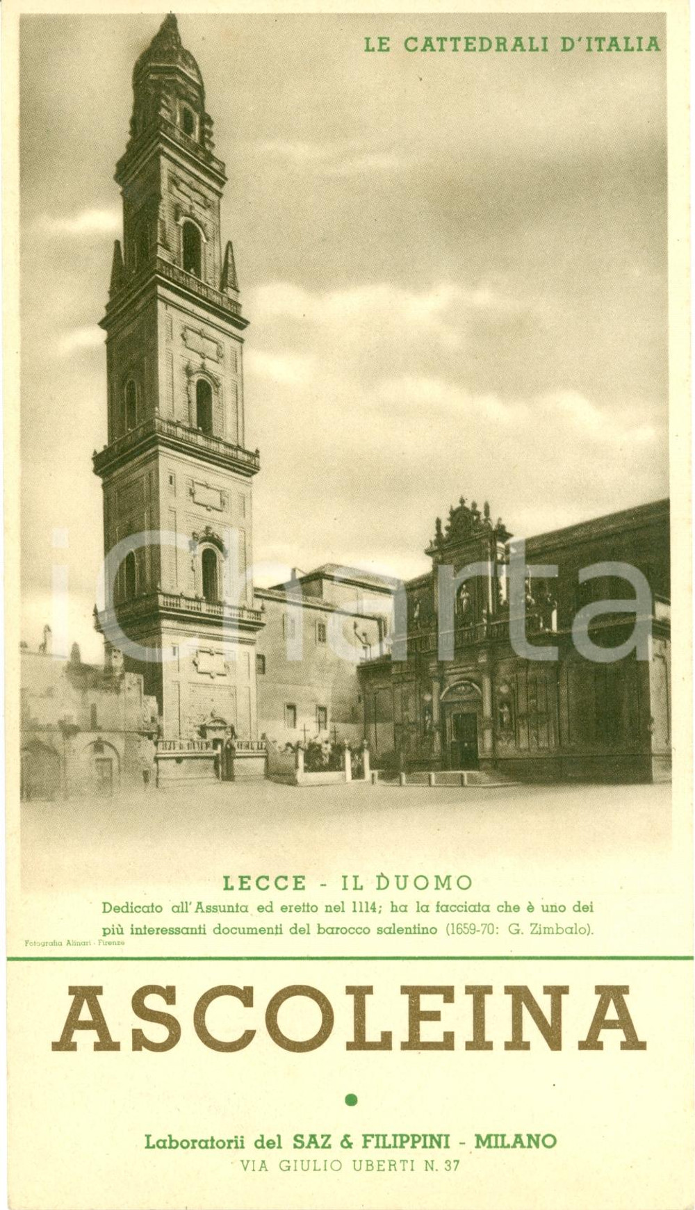 Materiale pubblicitario d’epoca 1940 ca MILANO Laboratori SAZ FILIPPINI Farmaco ASCOLEINA PubblicitÃ  ILLUSTRATA 1