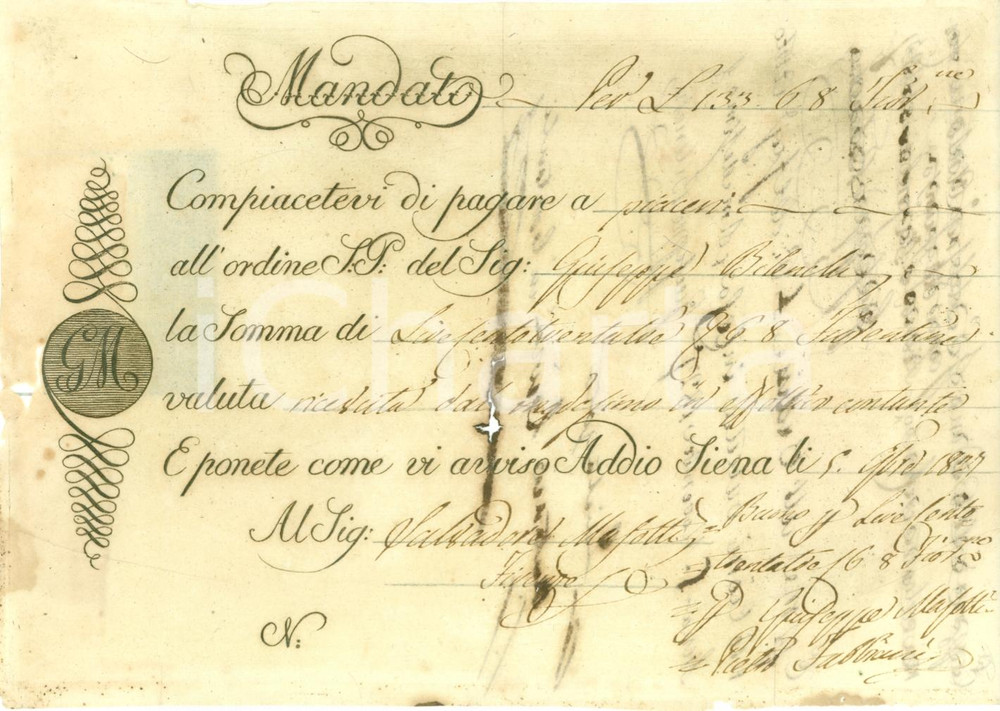 Documento originale, autentico 1827 SIENA Mandato pagamento per Giuseppe BILENCHI Documento 1