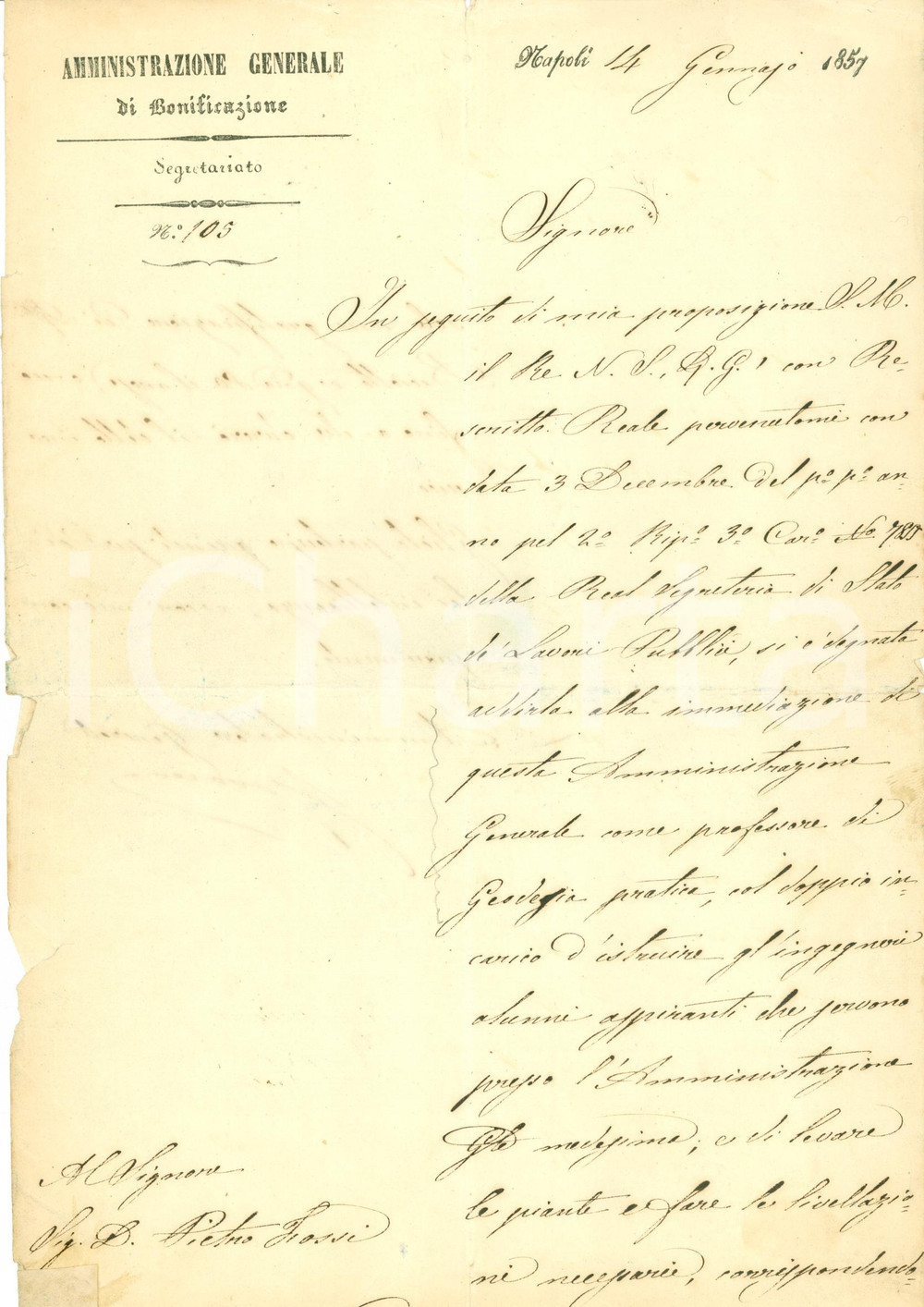 Documento originale, autentico 1857 NAPOLI Nomina Pietro FOSSI professore GEODESIA pratica Documento 1