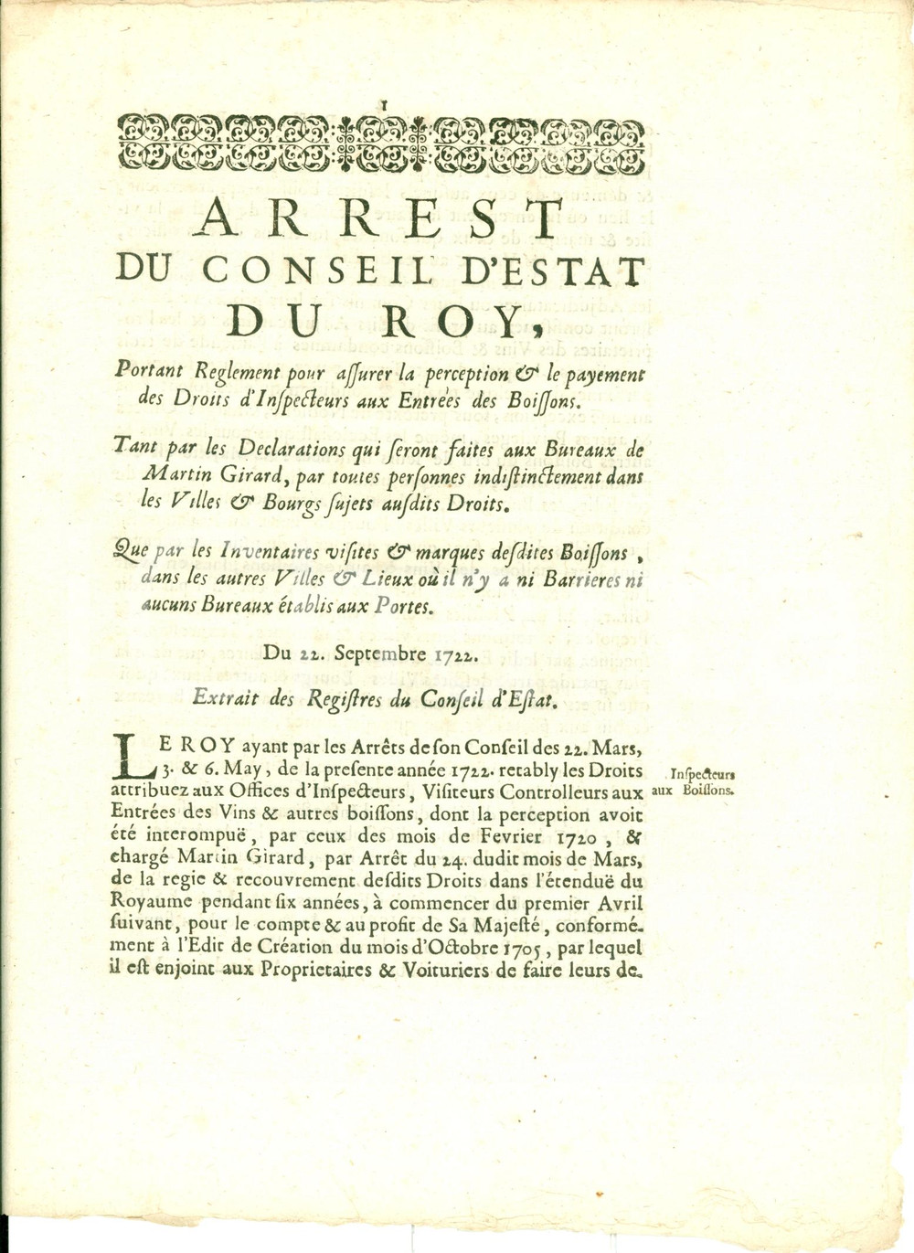Documento originale, autentico 1722 PARIS Norme per ingresso vini e bevande in FRANCIA Editto 1