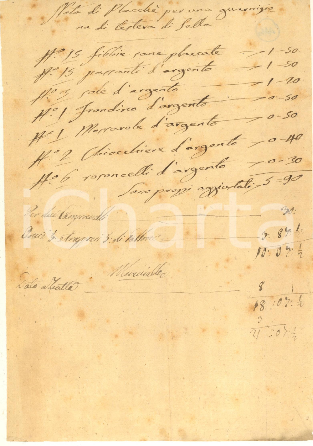 Documento originale, autentico 1800 ca AREA LOMBARDA Conto placche per guarnizione di selle Documento 1