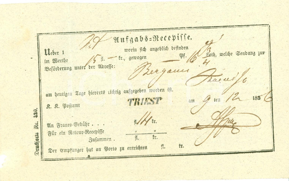Documento originale, autentico 1856 TRIESTE Ricevuta postale Francesco BERGAMI AufgabsRecepisse Documento 1