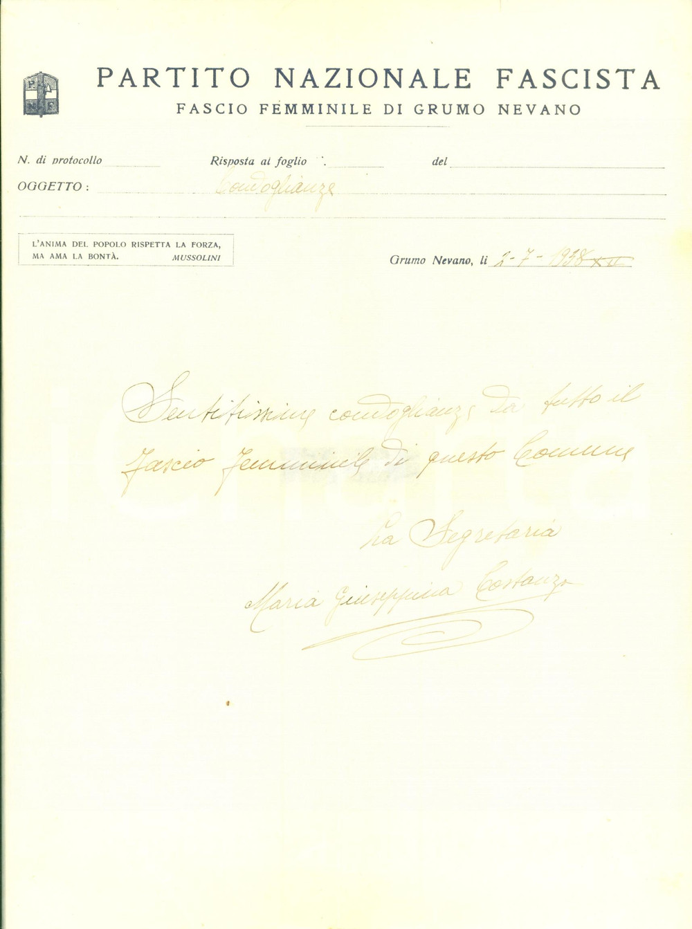 Autografo originale 1938 GRUMO NEVANO NA Fascio Femminile Maria Giuseppina COSTANZO Autografo 1