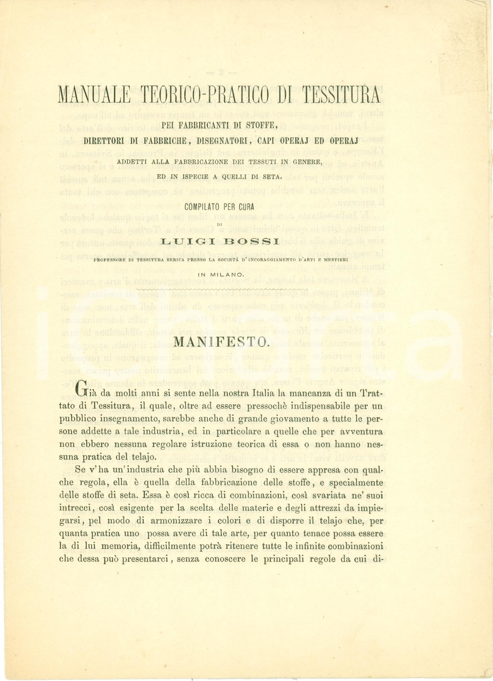 Documento originale, autentico 1872 MILANO Luigi BOSSI Manuale tessitura Programma opera con TAVOLA 1