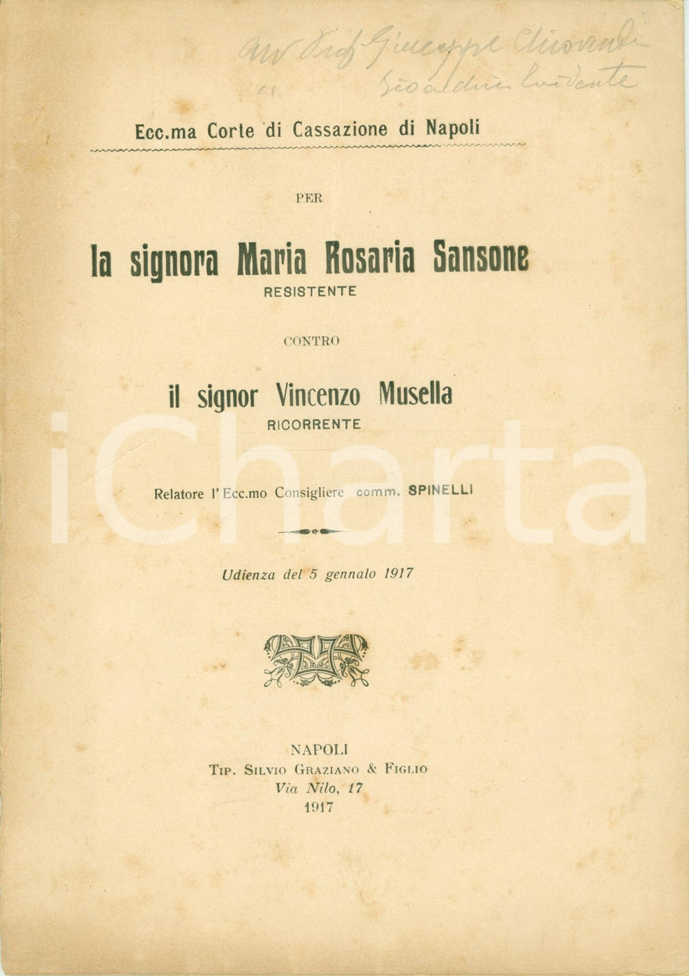 Documento originale, autentico 1917 PORTICI NA Maria Rosaria SANSONE vs Vincenzo MUSELLA per forno abusivo 1