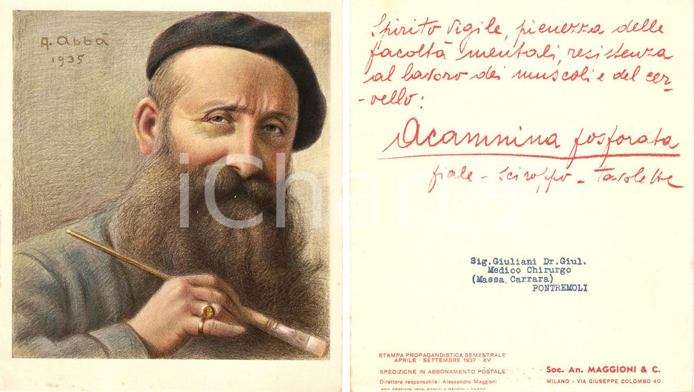 Materiale pubblicitario d’epoca 1937 MILANO Farmaci MAGGIONI Acamnina Fosforata Illustrazione Arturo ABBA 1