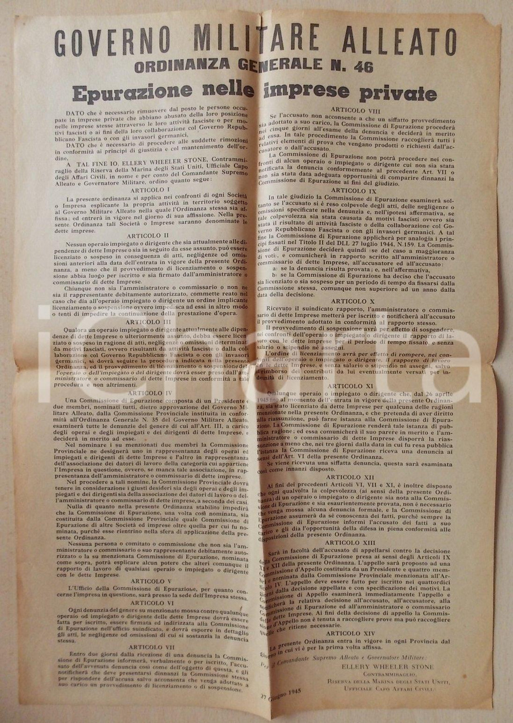 Documento originale, autentico 1945 GOVERNO MILITARE ALLEATO Epurazione nelle imprese private Manifesto 1