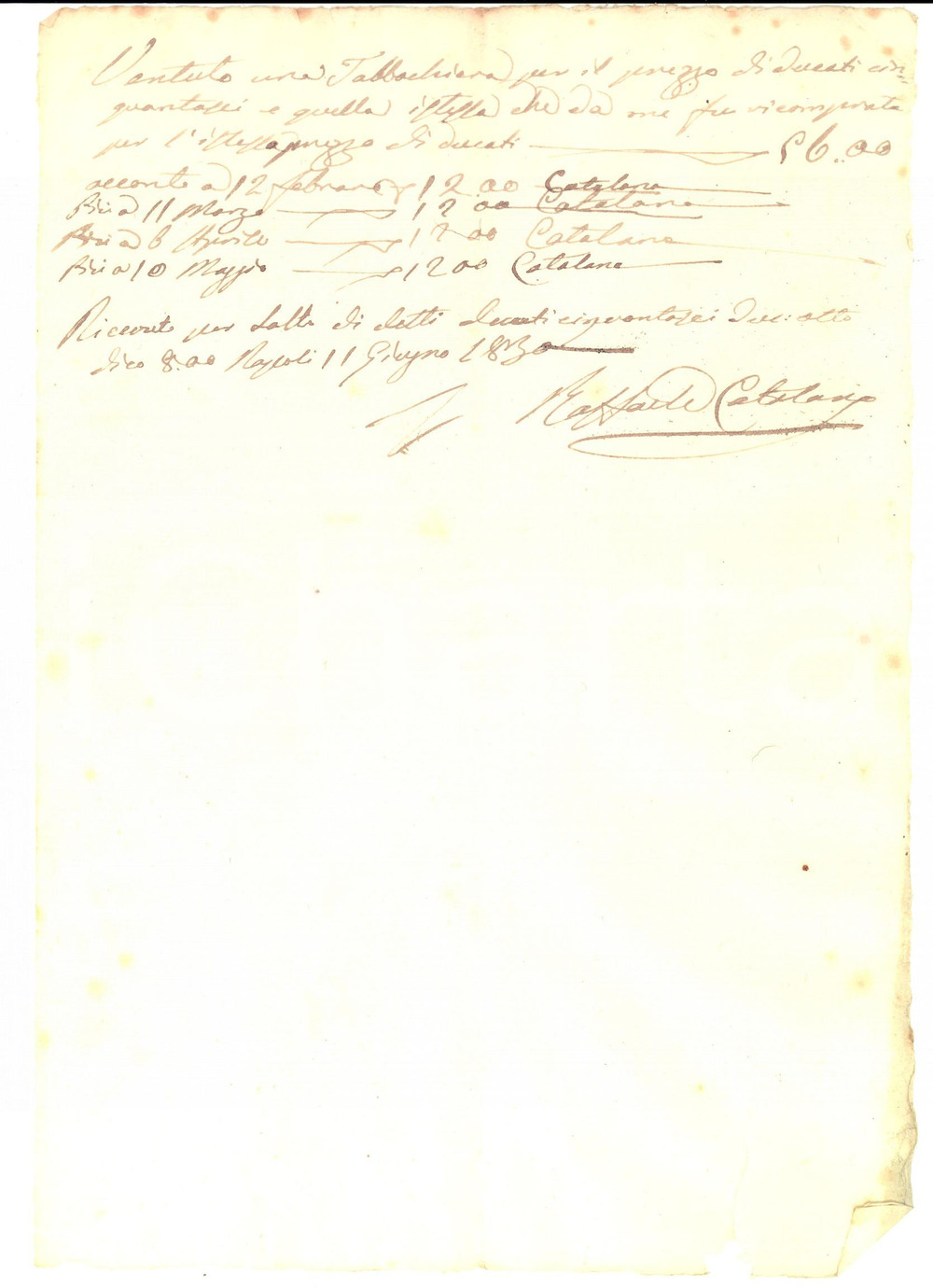 Documento originale, autentico 1830 NAPOLI Raffaele CATALANO vende una tabacchiera Manoscritto 1