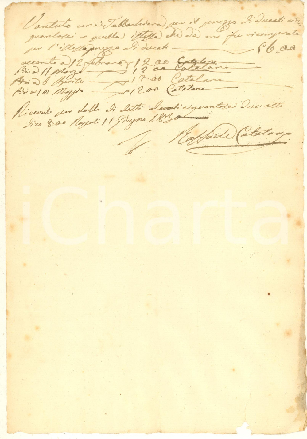Documento originale, autentico 1830 NAPOLI Raffaele CATALANO vende una tabacchiera Manoscritto 1