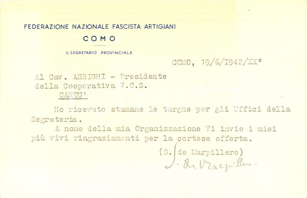 Autografo originale 1942 COMO Federazione Nazionale Artigiani Segretario DE MARPILLERO Autografo 1