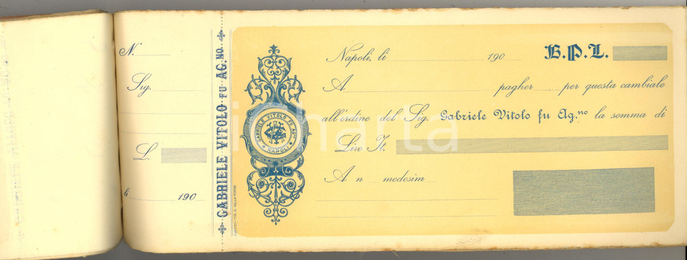 Materiale pubblicitario d’epoca 1900 ca NAPOLI Ditta GABRIELE VITOLO fu Agostino  Blocco 200 cambiali 1