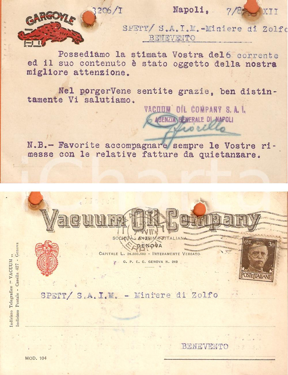 Cartolina originale da collezione 1930 ca GENOVA SocietÃ  VACUUM OIL COMPANY Cartolina commerciale DANNEGGIATA 1
