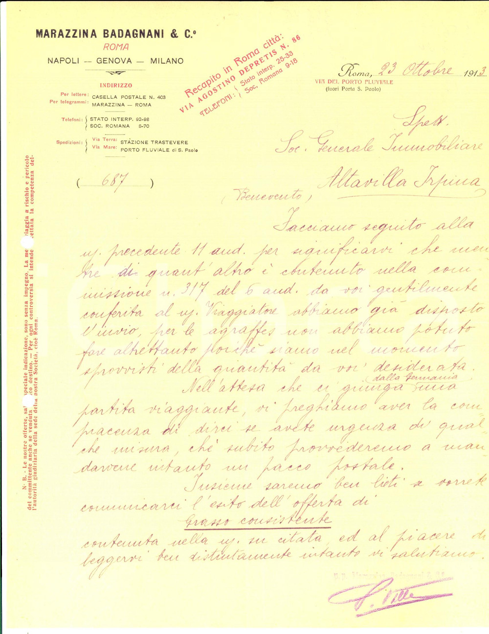 Documento originale, autentico 1913 ROMA Lettera MARAZZINA BADAGNANI Grasso consistente Storia industriale 1