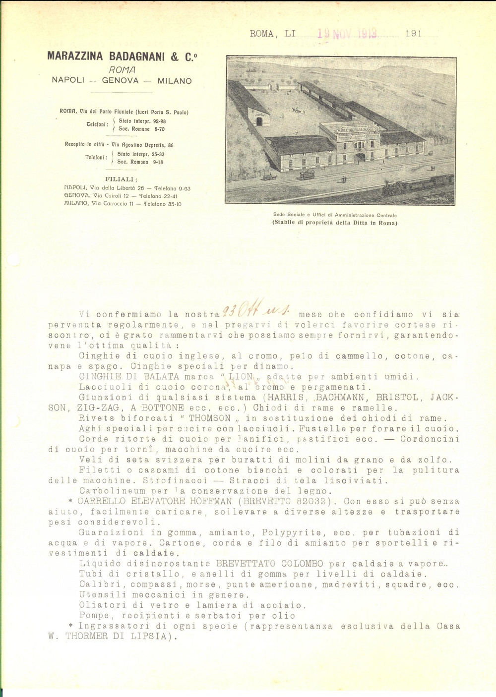 Documento originale, autentico 1913 ROMA Lettera pubblicitaria MARAZZINA BADAGNANI & C. Storia industriale 1