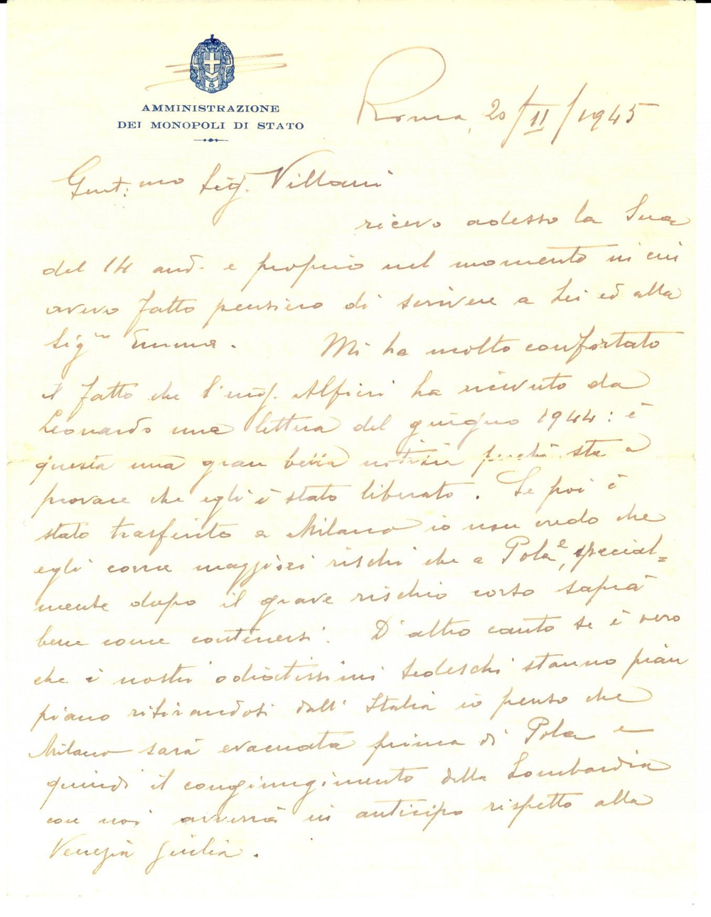 Manoscritto, lettera originale 1945 WW2 ROMA MONOPOLI DI STATO Gli odiatissimi tedeschi si ritirano dall Italia 1