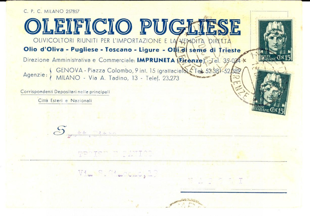 Cartolina originale da collezione 1942 WW2 IMPRUNETA FI Oleificio PUGLIESE teme per ditta TROISE Cartolina 1