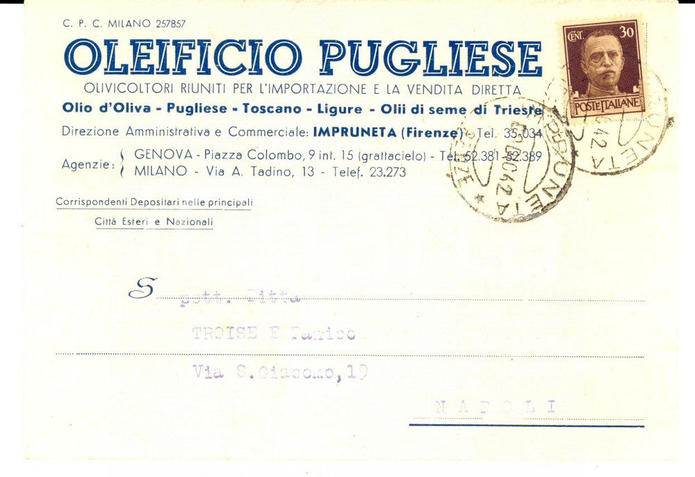 Cartolina originale da collezione 1942 IMPRUNETA FI Oleificio PUGLIESE olivicoltori riuniti Cartolina intestata 1