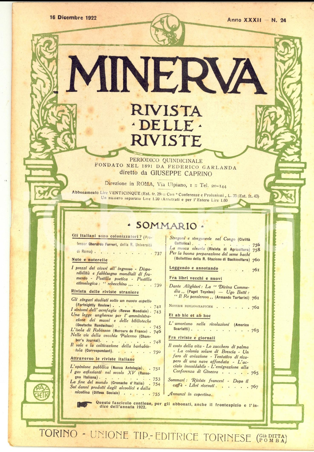 Giornale, rivista storica 1922 MINERVA Rivista delle Riviste  Gli zingari sotto un nuovo aspetto nÂ°24 1