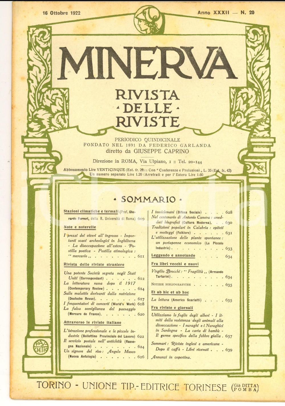 Giornale, rivista storica 1922 MINERVA Rivista delle Riviste  Un signore del riso: Angelo MUSCO nÂ° 20 1