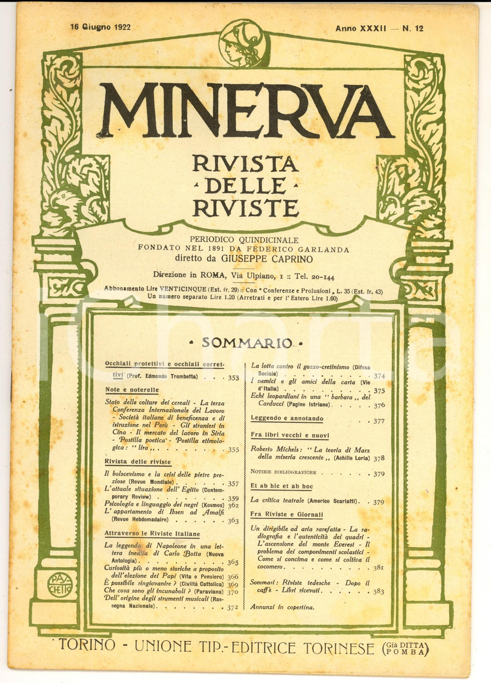 Giornale, rivista storica 1922 MINERVA Rivista   Il bolscevismo e la crisi delle pietre preziose nÂ° 12 1