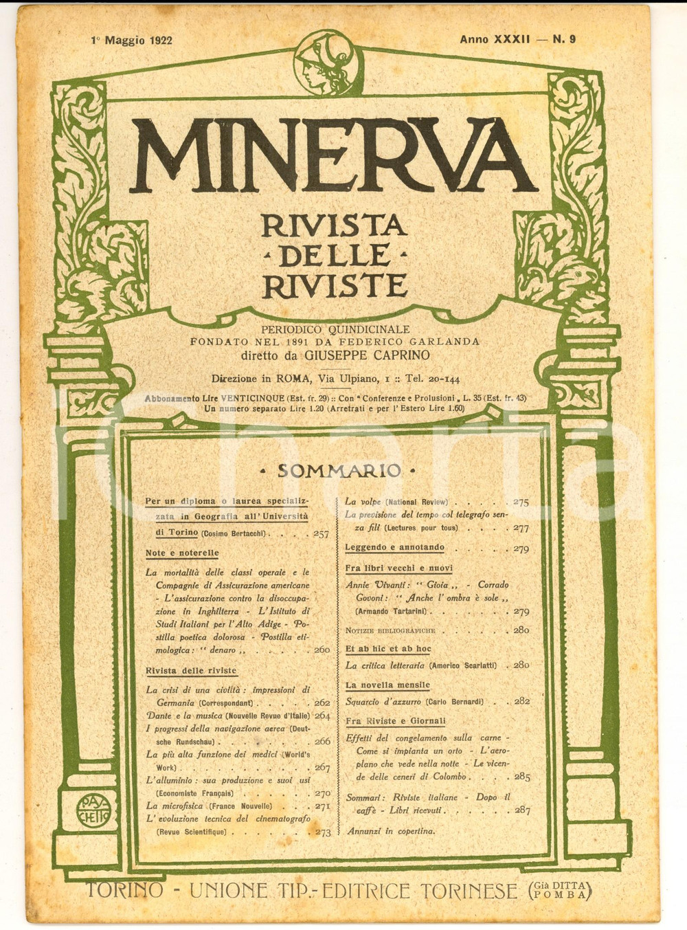 Giornale, rivista storica 1922 MINERVA Rivista delle Riviste  Per una laurea in geografia a Torino nÂ°9 1