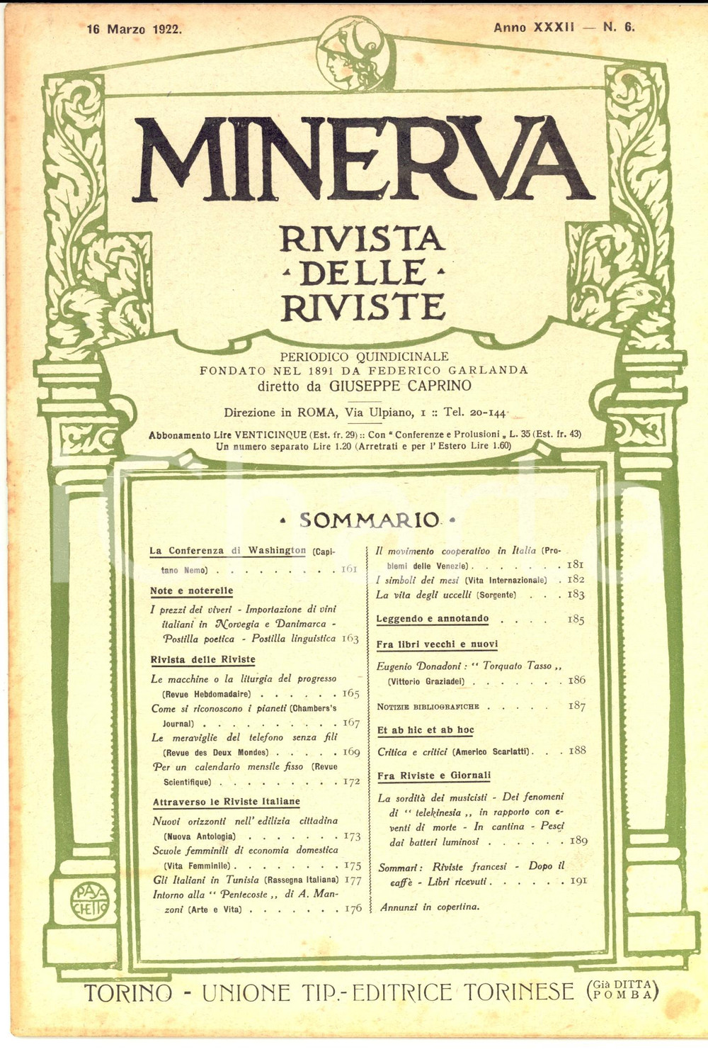 Giornale, rivista storica 1922 MINERVA Rivista delle Riviste  La conferenza di Washington Anno XXXII nÂ°6 1