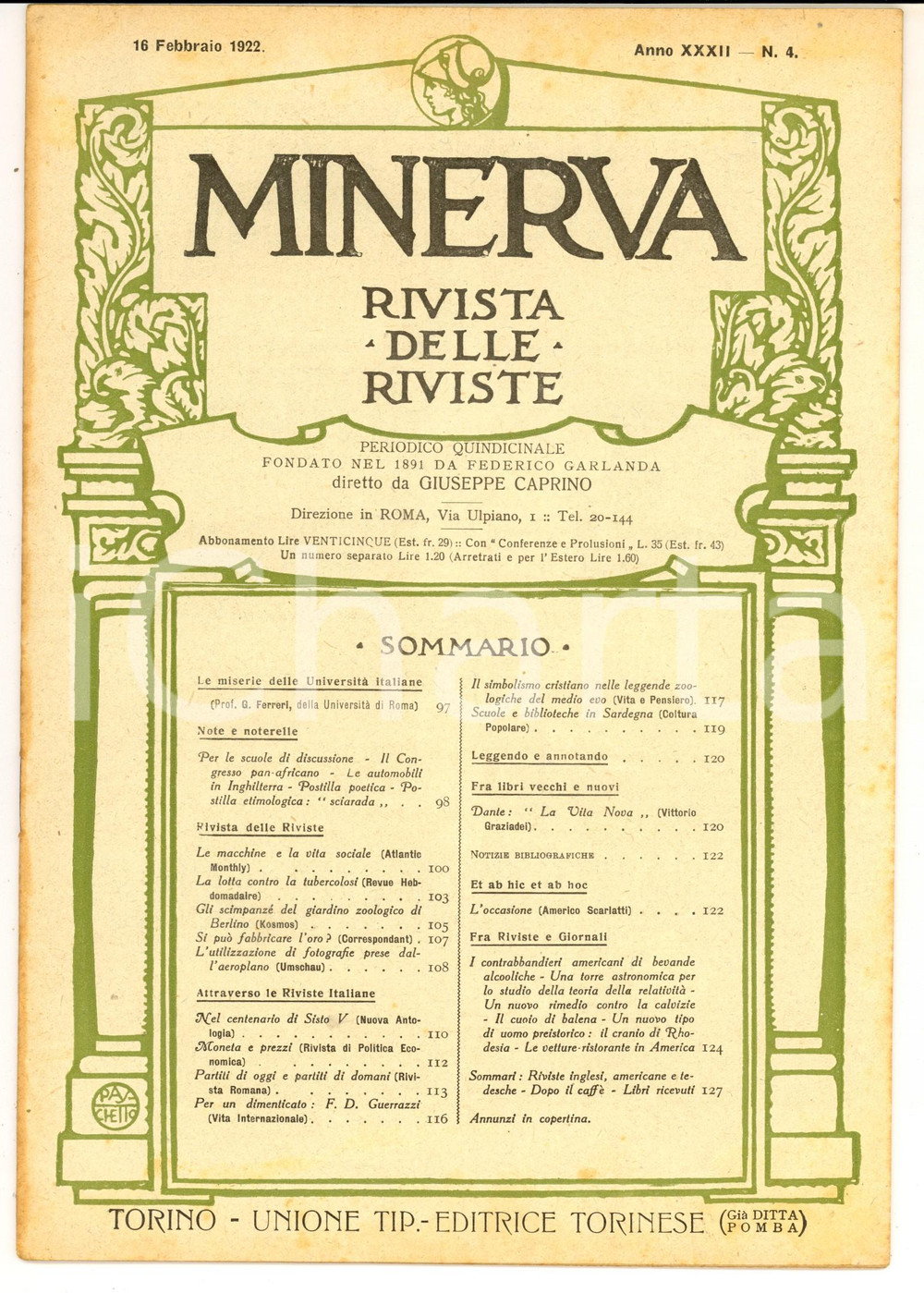 Giornale, rivista storica 1922 MINERVA Rivista delle Riviste  Miserie delle UniversitÃ  italiane nÂ°4 1
