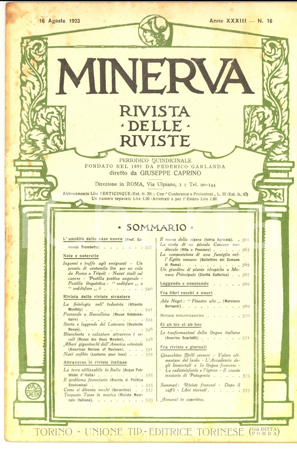Giornale, rivista storica 1923 MINERVA Rivista delle Riviste  L umidità delle case nuove Anno XXXIII n 16 1