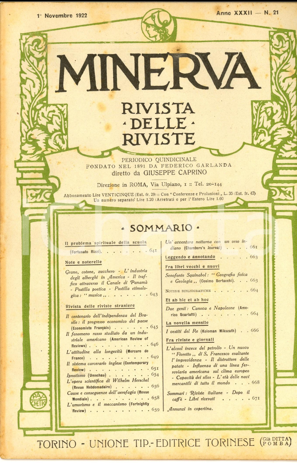 Giornale, rivista storica 1922 MINERVA Rivista delle Riviste  Sistema carcerario inglese Anno XXXII nÂ°21 1