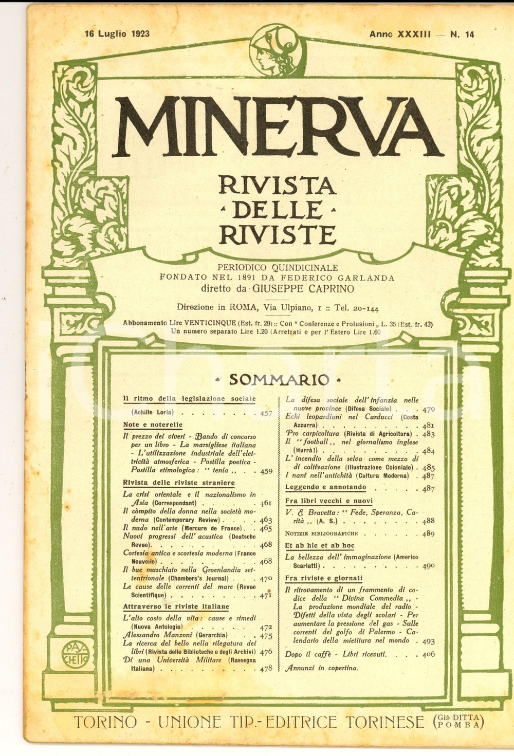 Giornale, rivista storica 1923 MINERVA Rivista delle Riviste  Nazionalismo in Asia Anno XXXIII nÂ° 14 1