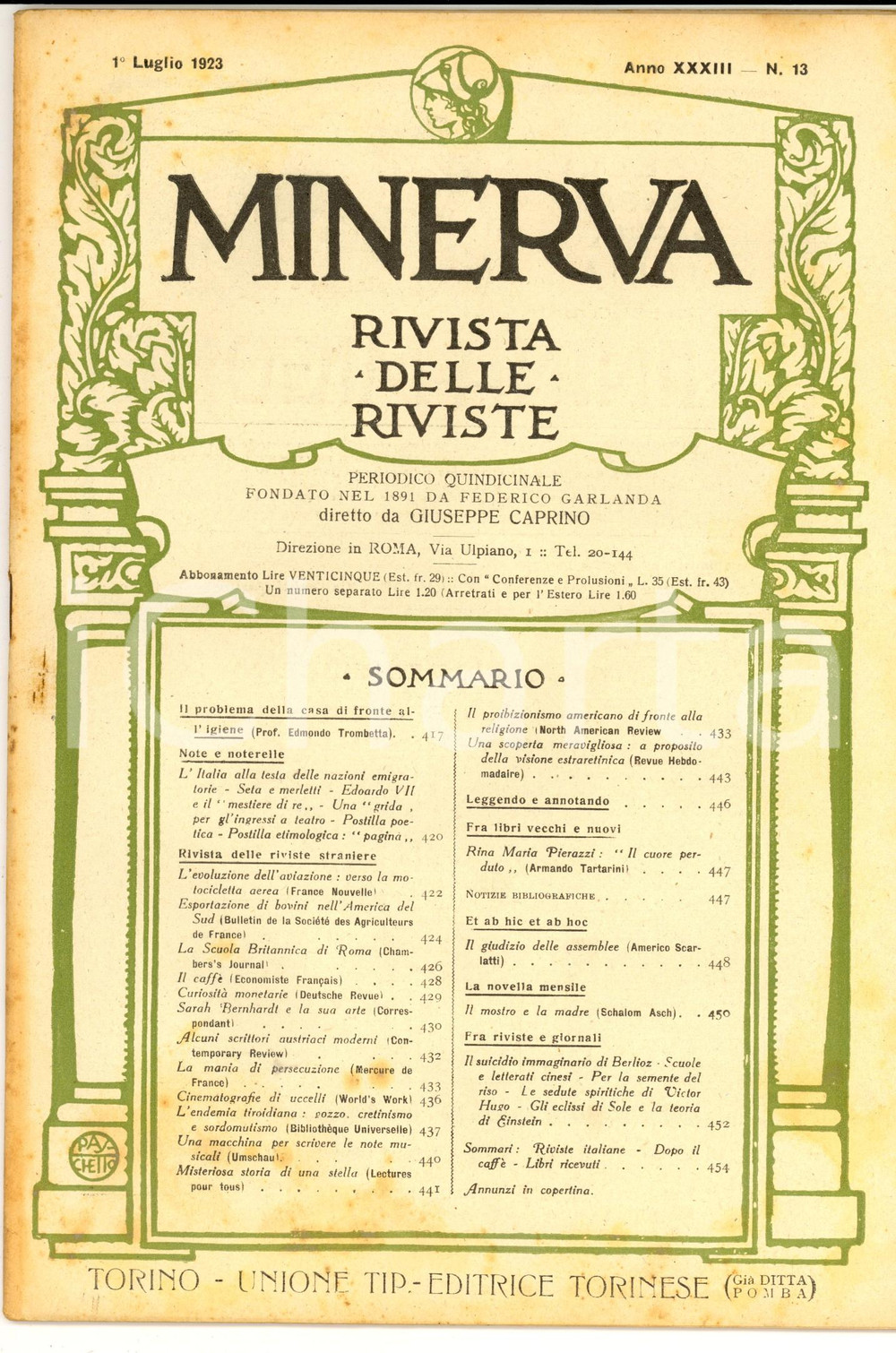 Giornale, rivista storica 1923 MINERVA Rivista delle Riviste La scuola britannica di Roma Anno XXXIII n 13 1