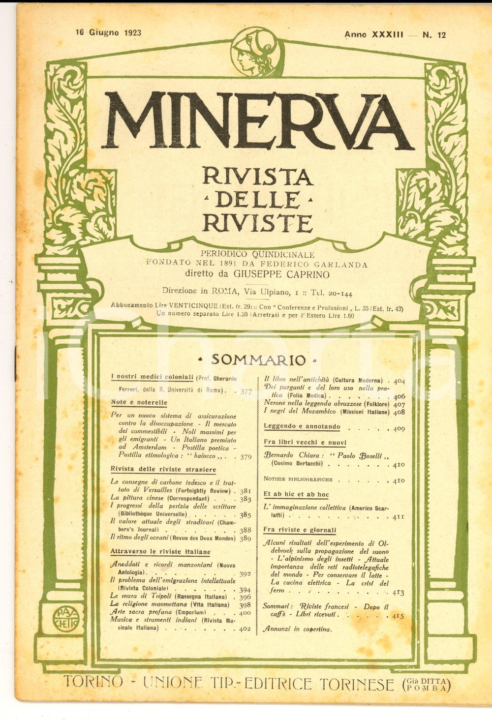 Giornale, rivista storica 1923 MINERVA Rivista delle Riviste  I nostri medici coloniali Anno XXXIII nÂ° 12 1