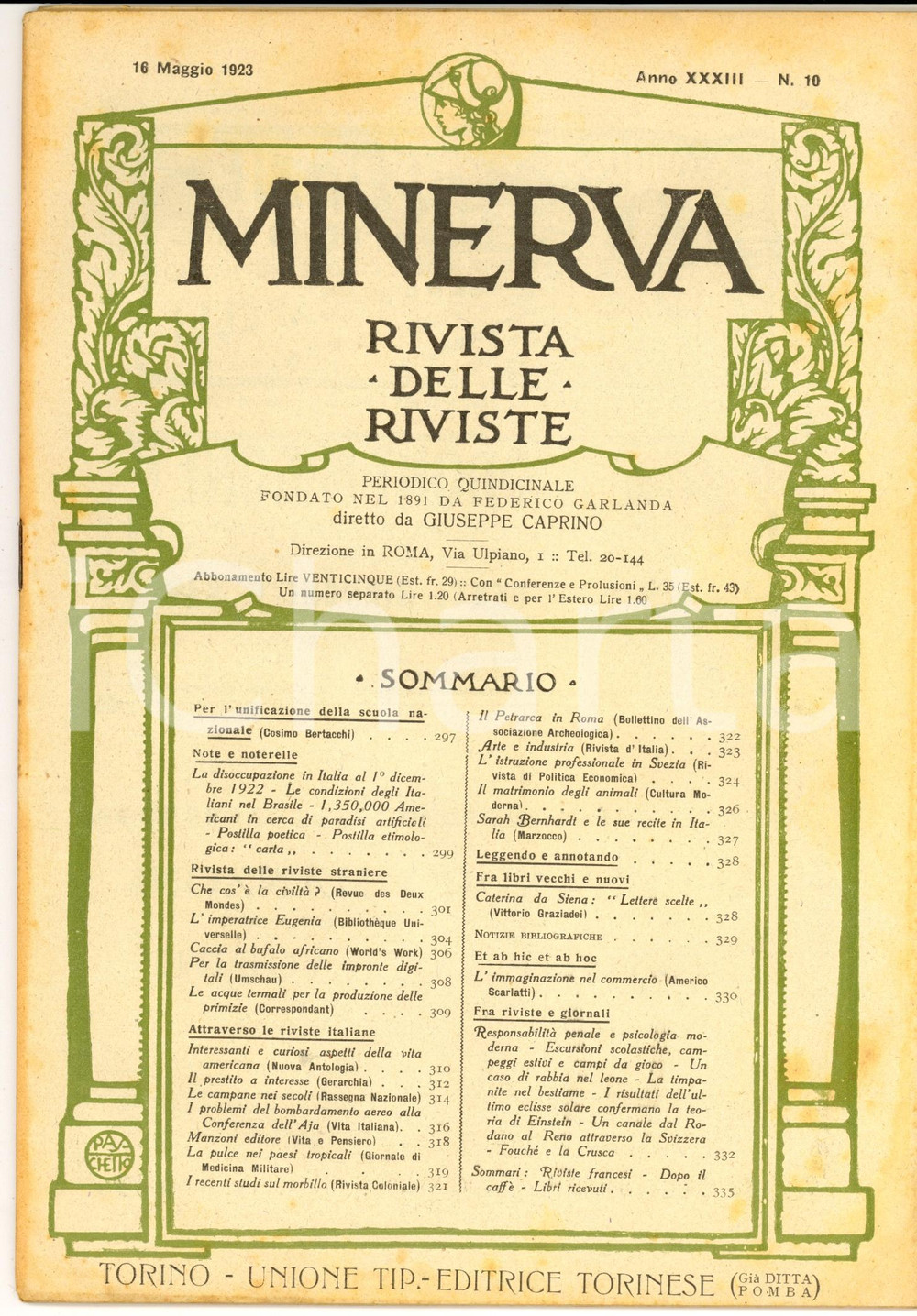 Giornale, rivista storica 1923 MINERVA Rivista  Bombardamento aereo e conferenza dell Aja nÂ° 10 1