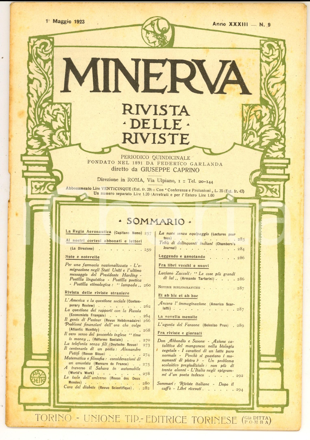 Giornale, rivista storica 1923 MINERVA Rivista delle Riviste  La Regia Aeronautica Anno XXXIII NÂ° 9 1