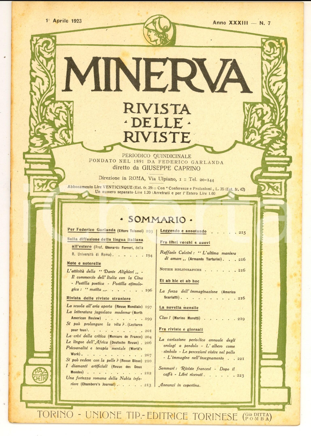 Giornale, rivista storica 1923 MINERVA Rivista delle Riviste  La lingua italiana all estero  nÂ°7 1
