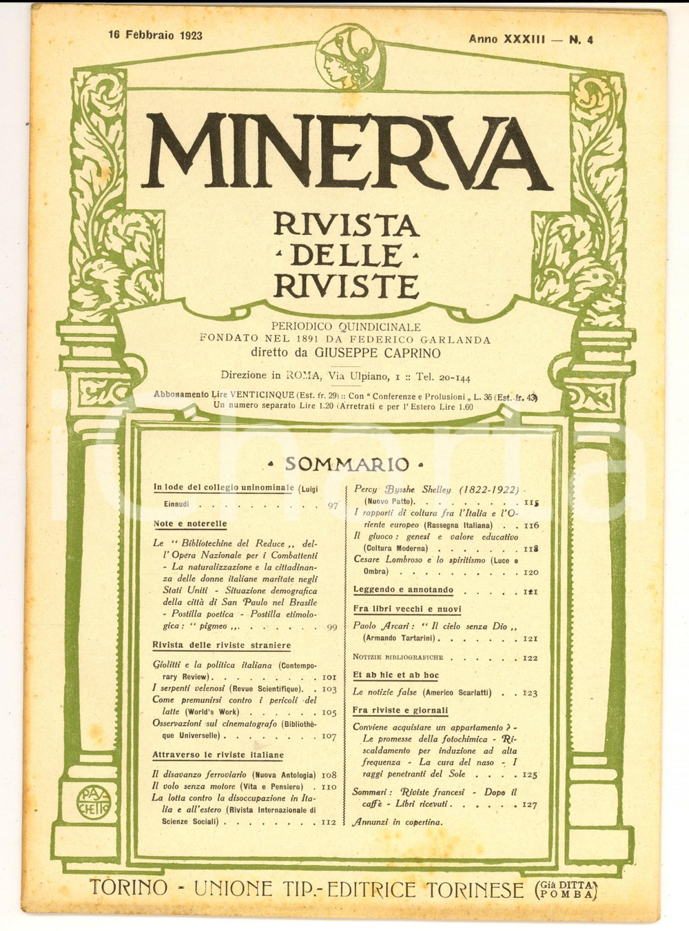 Giornale, rivista storica 1923 MINERVA Rivista delle Riviste  In lode del collegio uninonimale nÂ° 4 1