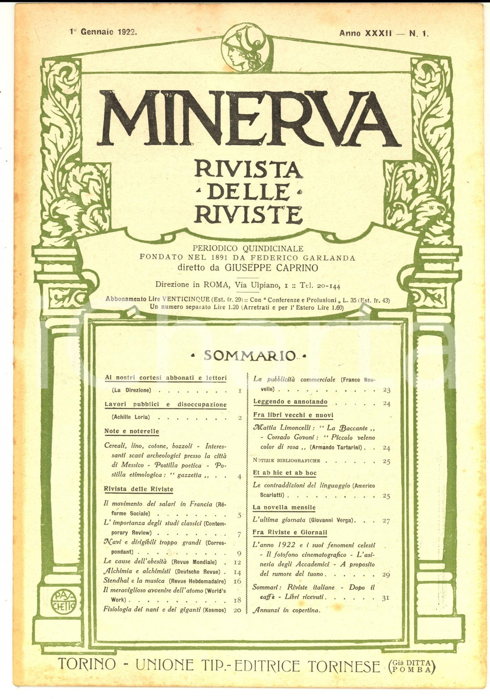 Giornale, rivista storica 1922 MINERVA Rivista delle Riviste  Alchimia e alchimisti Anno XXXII nÂ°1 1