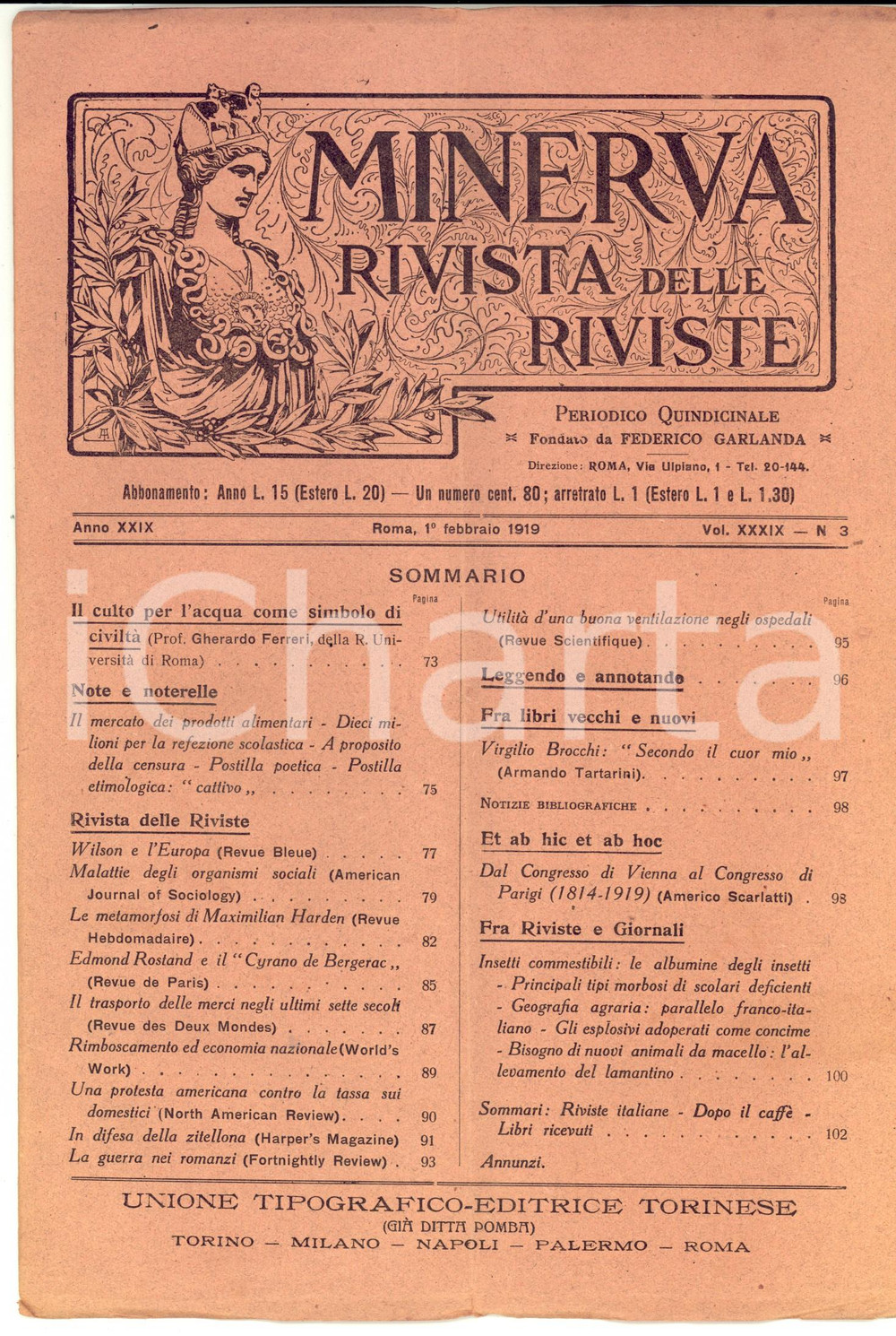 Giornale, rivista storica 1919 MINERVA Rivista delle Riviste  In difesa della zitellona Anno XXIX nÂ° 3 1