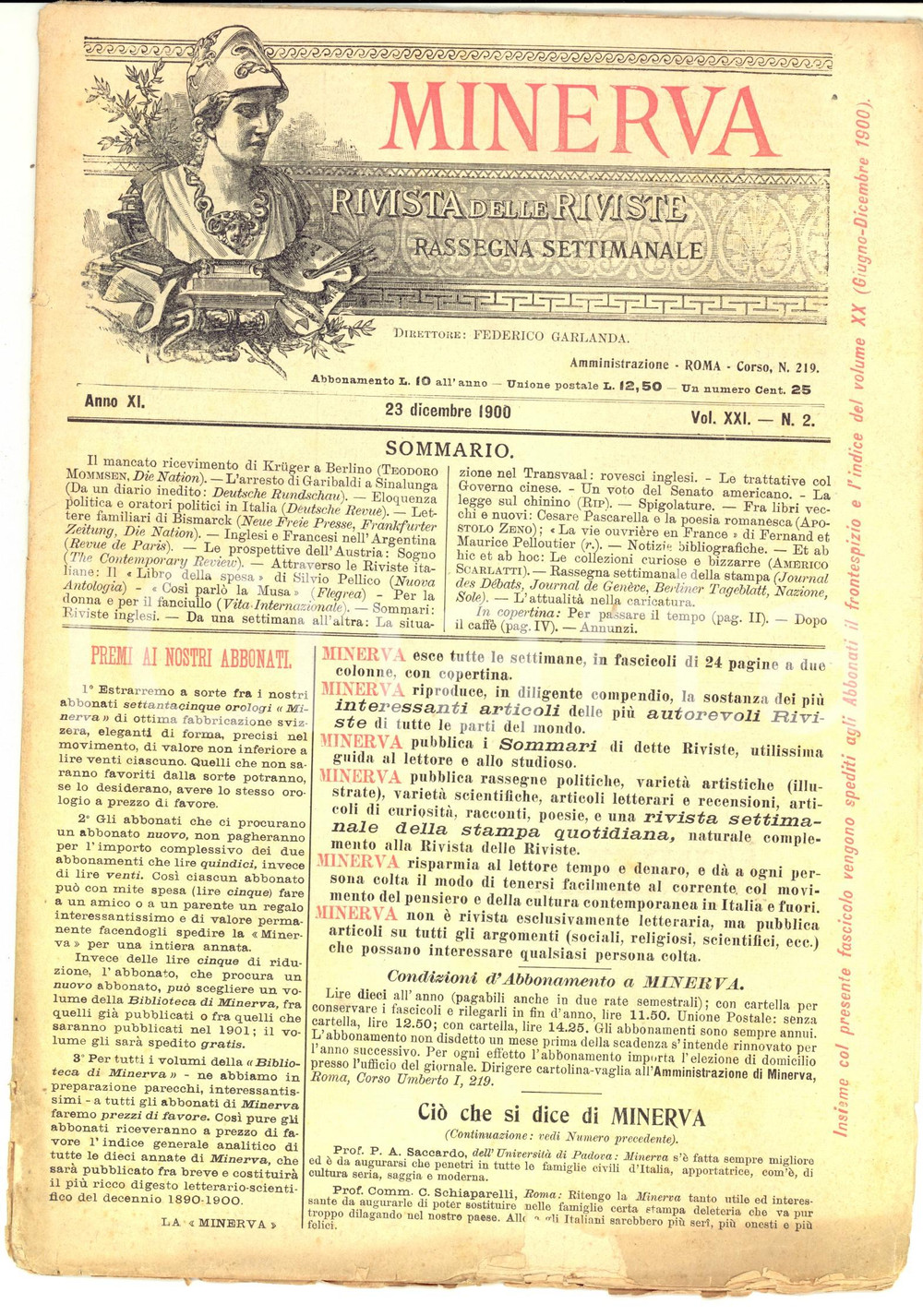 Giornale, rivista storica 1900 MINERVA Rivista delle Riviste  Inglesi e Francesi in Argentina Anno XI nÂ°2 1