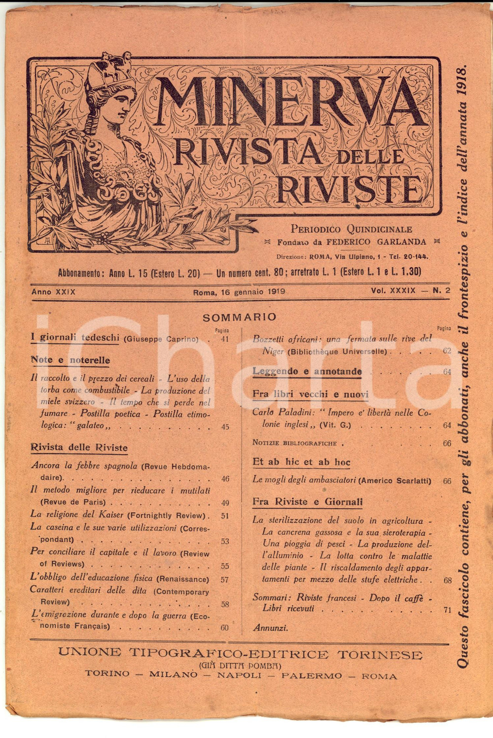 Giornale, rivista storica 1919 MINERVA Rivista delle Riviste  Metodo per rieducare i mutilati nÂ° 2 1