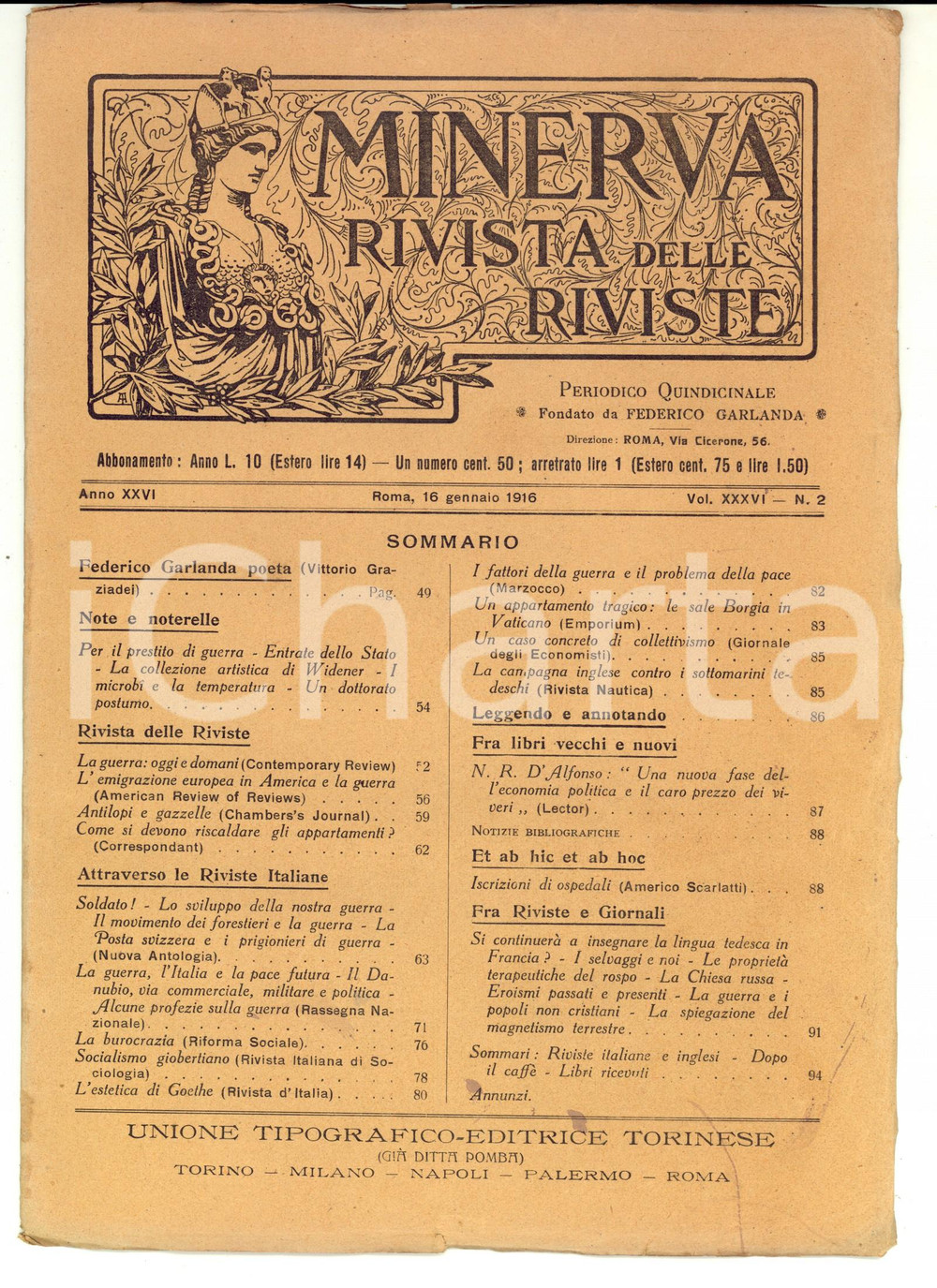 Giornale, rivista storica 1916 MINERVA Rivista delle Riviste  Federico Garlanda poeta Anno XXVI nÂ° 2 1
