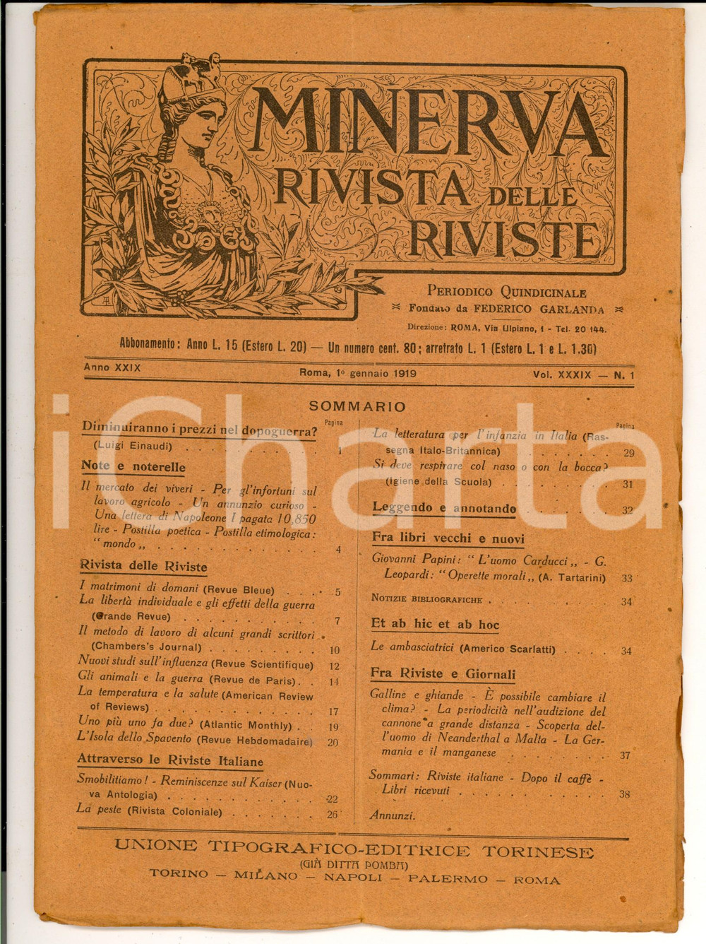 Giornale, rivista storica 1919 MINERVA Rivista  Diminuiranno i prezzi nel dopoguerra? Anno XXIX NÂ° 1 1