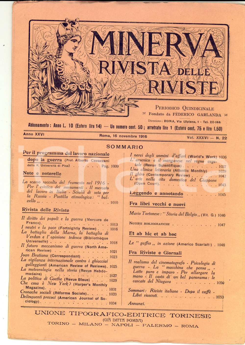Giornale, rivista storica 1916 MINERVA Rivista delle Riviste  Battaglia della Marna e opinione tedesca 1