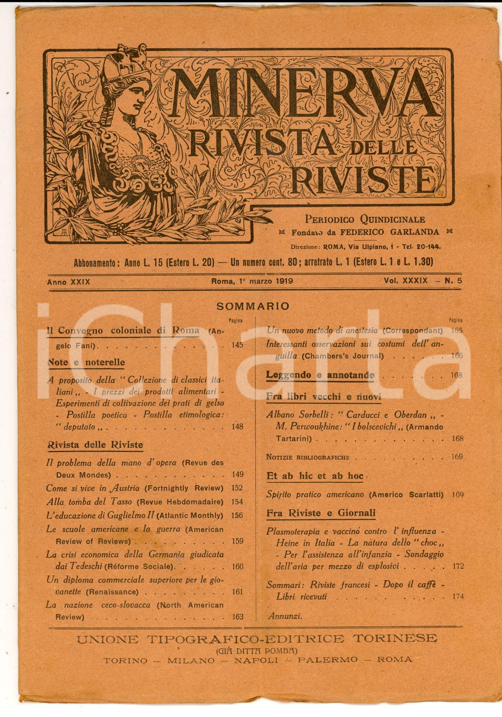 Giornale, rivista storica 1919 MINERVA Rivista delle Riviste  Convegno coloniale di Roma Anno XXIX nÂ°5 1