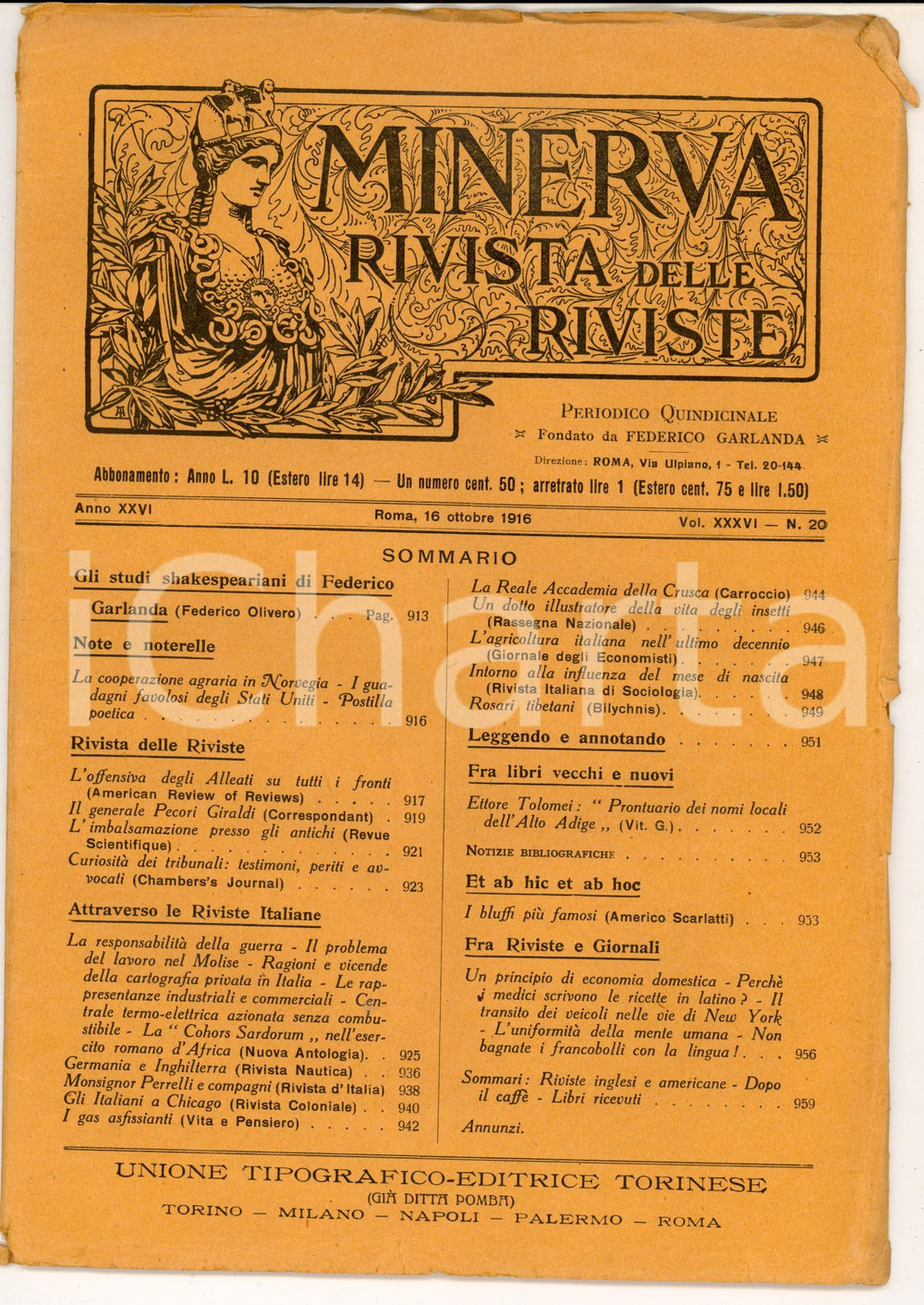 Giornale, rivista storica 1916 MINERVA Rivista delle Riviste  Il generale PECORI GIRALDI Anno XXVI n° 20 1