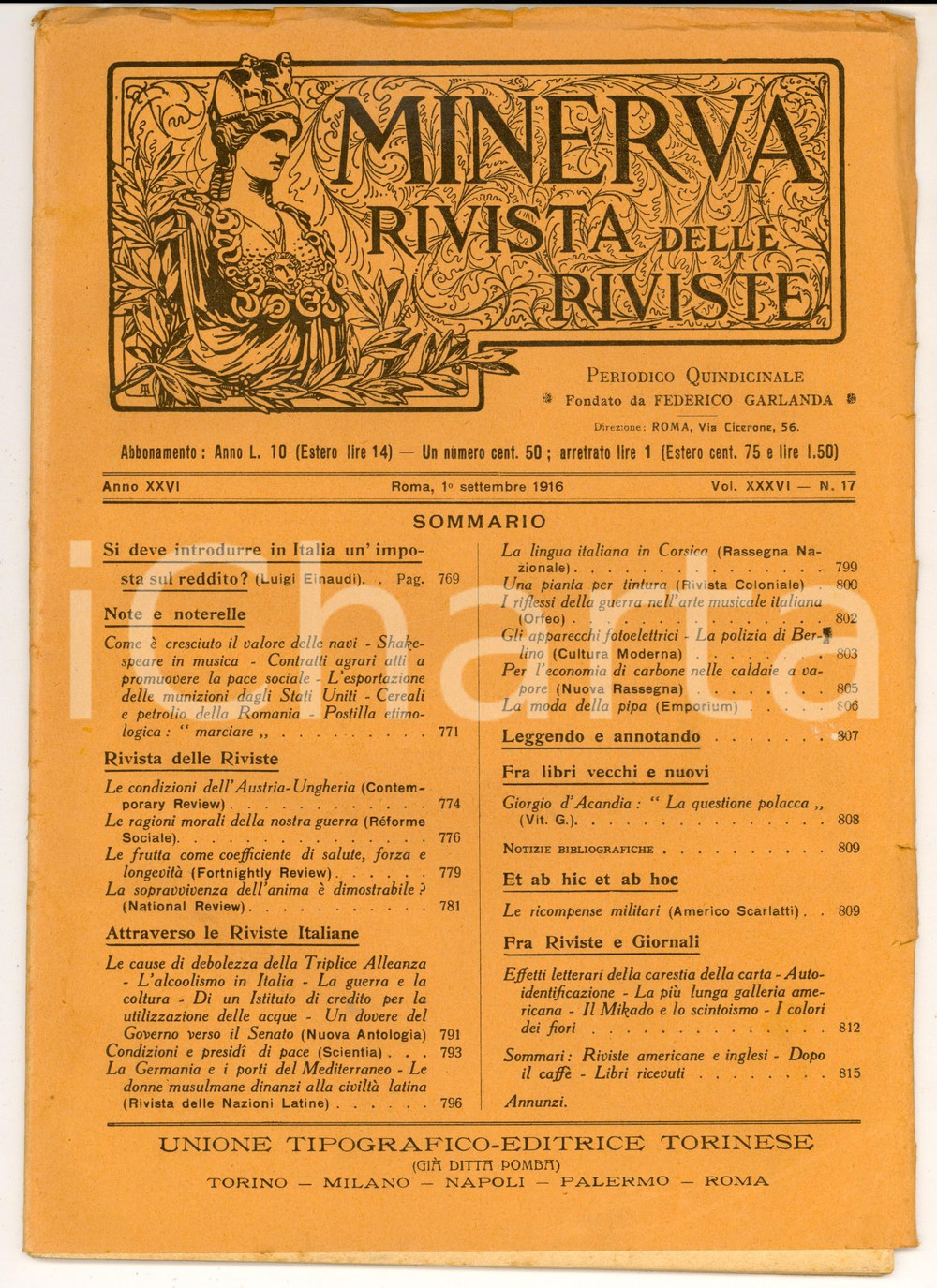 Giornale, rivista storica 1916 MINERVA Rivista delle Riviste  Sopravvivenza dell anima Anno XXVI nÂ° 17 1