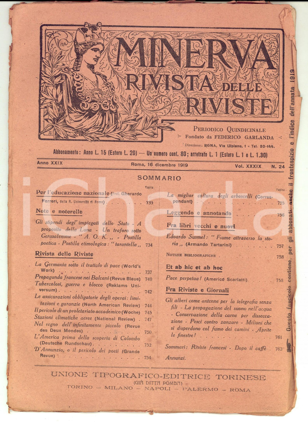 Giornale, rivista storica 1919 MINERVA Rivista delle Riviste  Tubercolosi e guerra Anno XXIX nÂ° 24 1